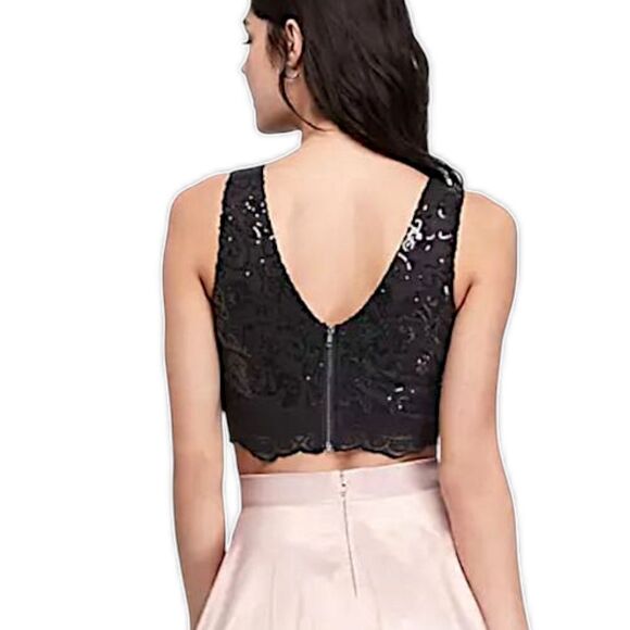 Lace Sequin Cropped Top Sz 13 L Black Romantic Witchy Goth Whimsigoth Sexy Bling - Picture 12 of 16